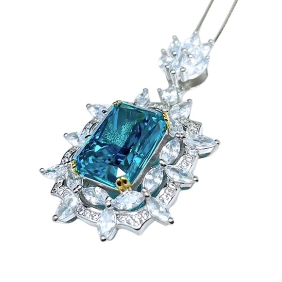 Teal Statement Pendant 925 Silver Necklace - Picture 4 of 7